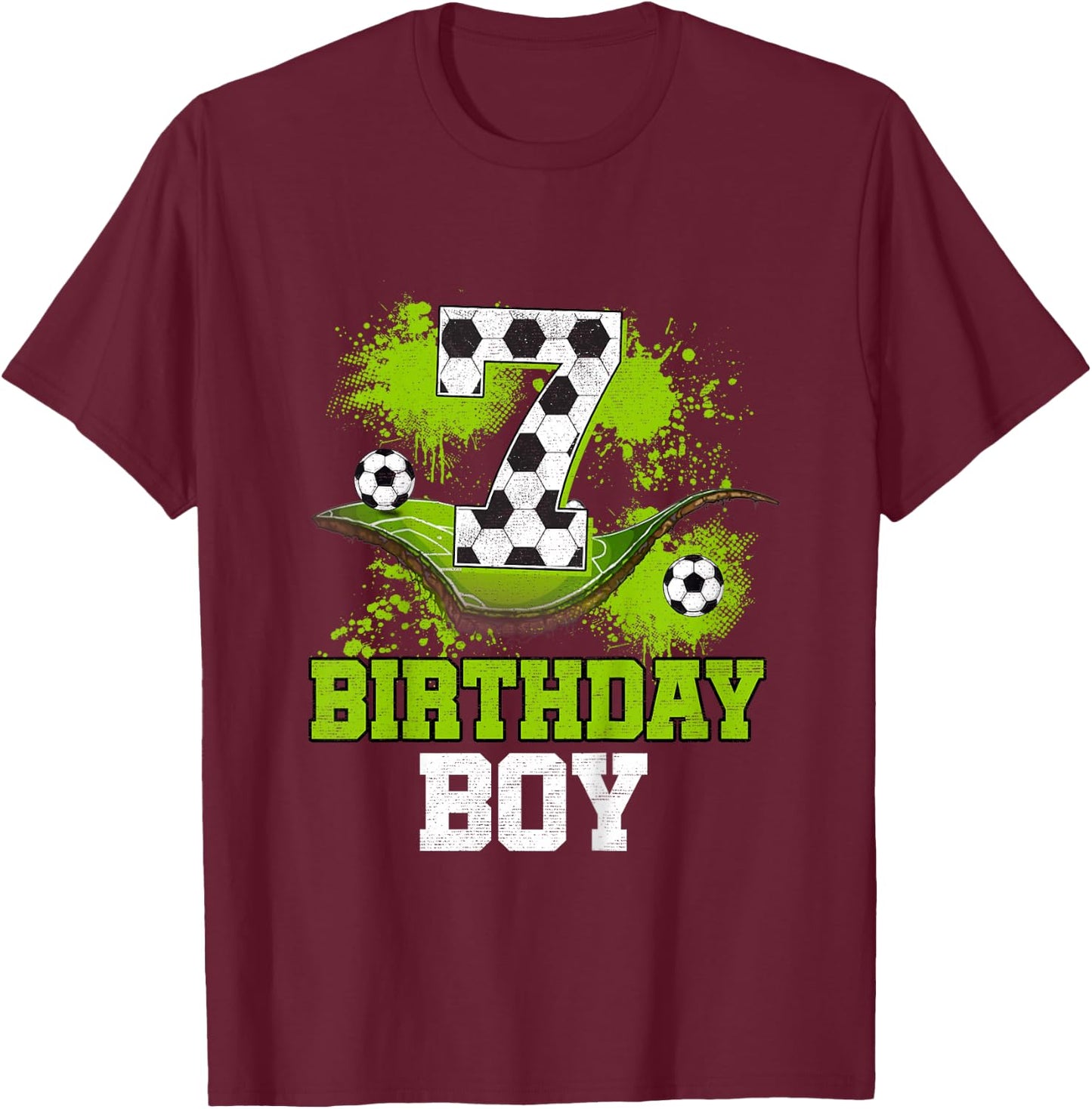 Kids 7th Birthday Boy Kids Soccer Birthday Decorations T-Shirt - T-Shirt | Maroon