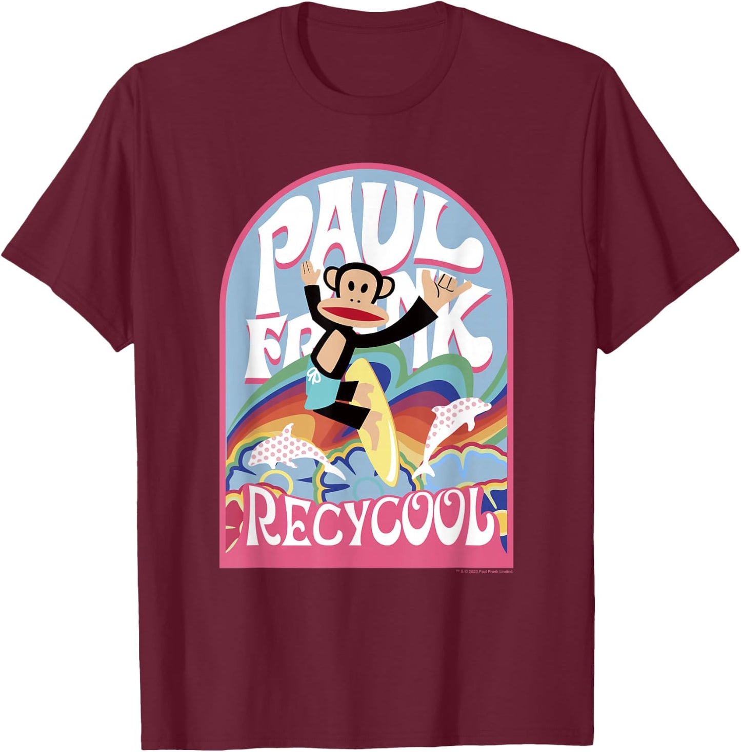 Paul Frank Earth Day Recycool Rainbow Surfing Julius T-Shirt - T-Shirt | Maroon