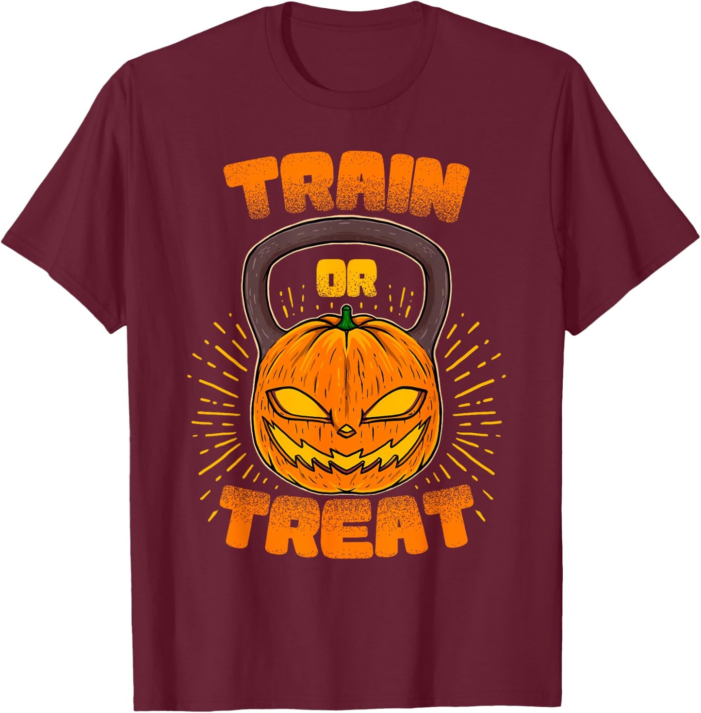 Train or Treat Pumpkin Kettlebell Gym Workout Halloween T-Shirt - T-Shirt | Maroon
