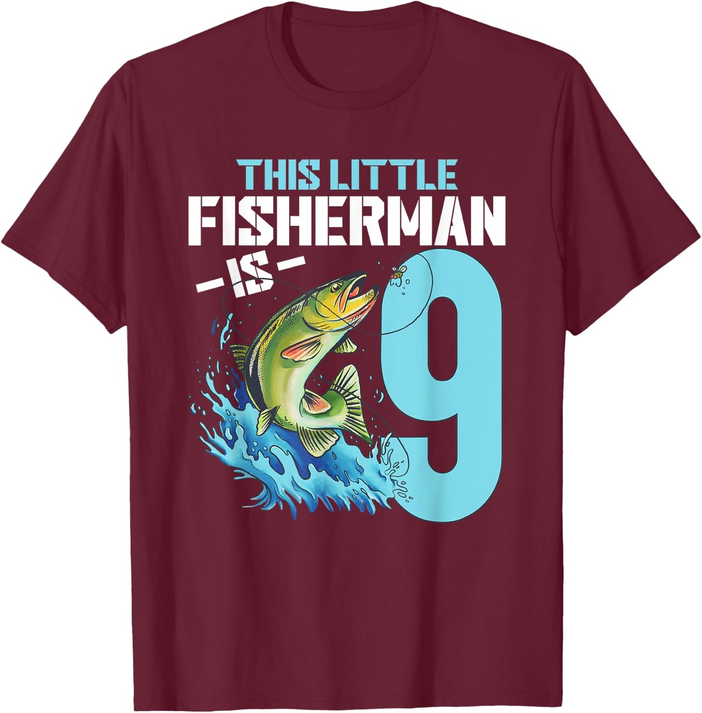 Boys Fishing Birthday Shirt 9 Year Old Boy Fisherman Kids T-Shirt - T-Shirt | Maroon