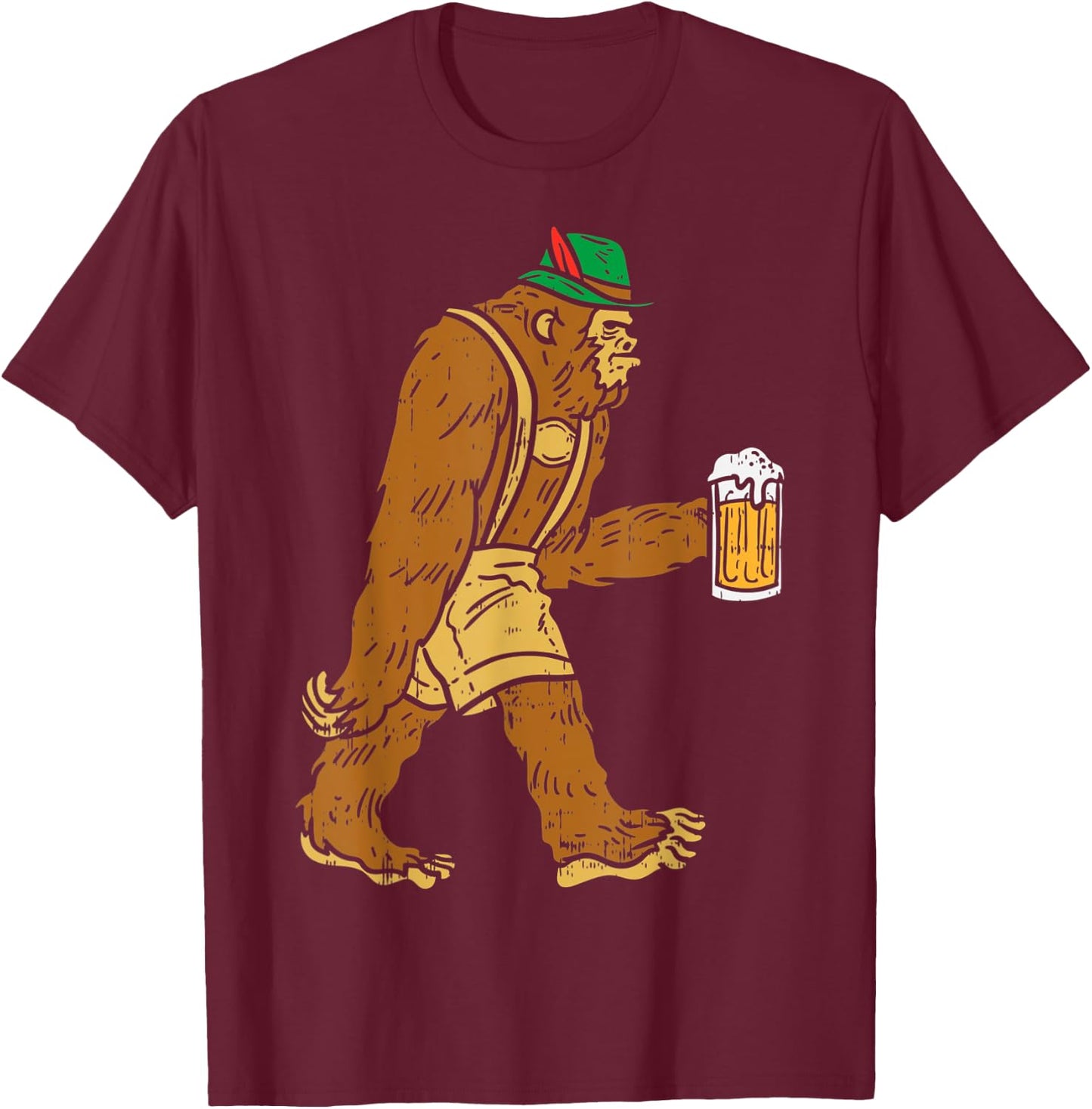 German Bigfoot Sasquatch Beer Lederhose Funny Oktoberfest T-Shirt - T-Shirt | Maroon