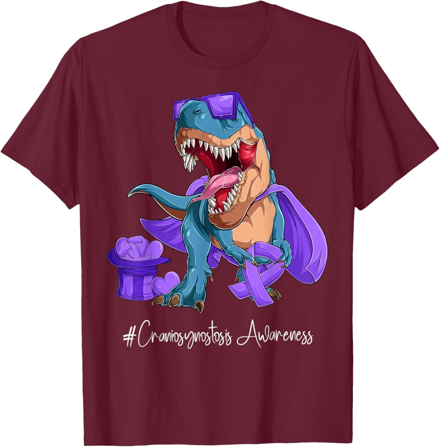 Craniosynostosis Awareness Month Purple Ribbon Trex T-Shirt - T-Shirt | Maroon