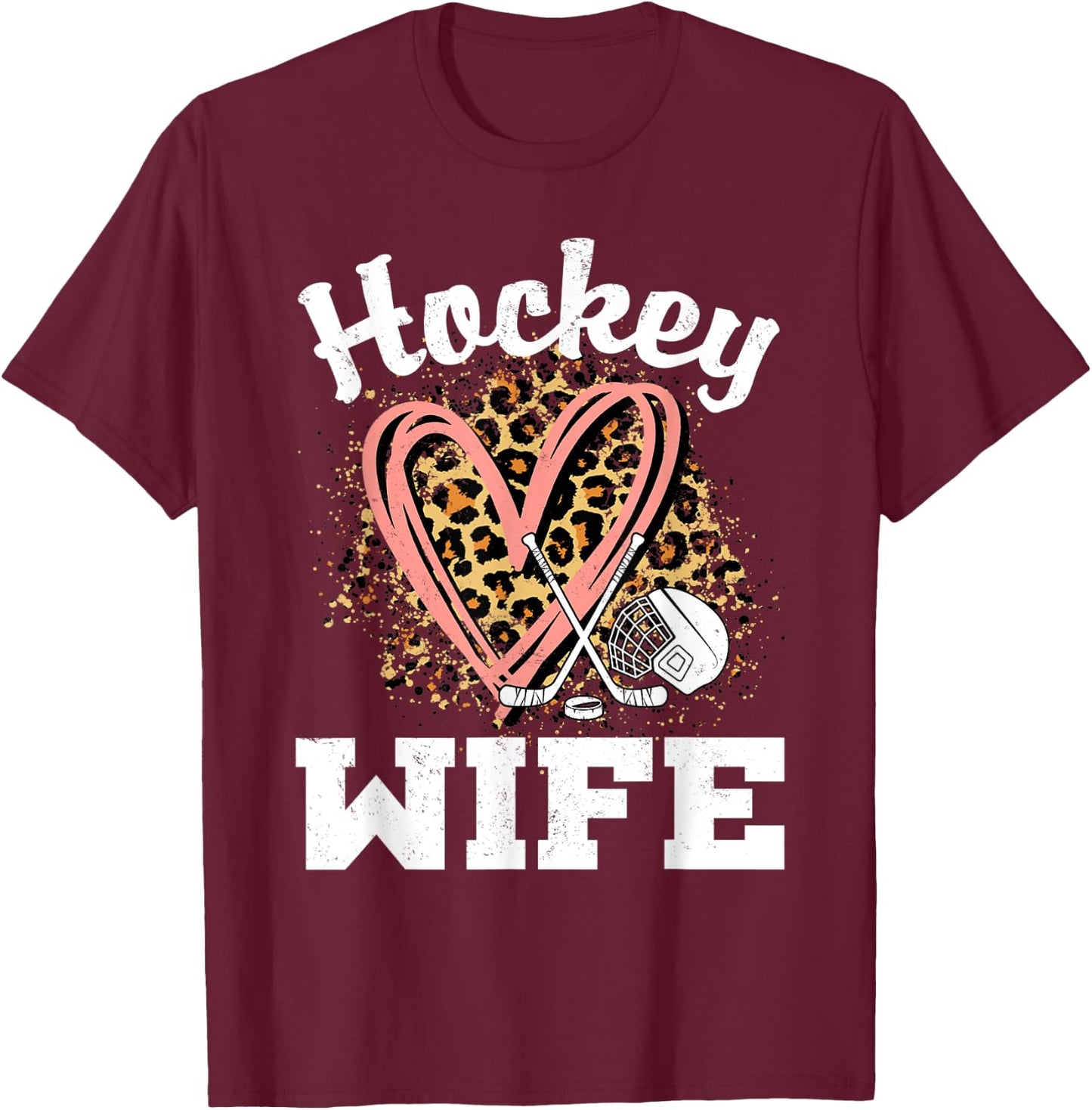 Hockey Wife Leopard Heart Ice Hockey T-Shirt - T-Shirt | Maroon