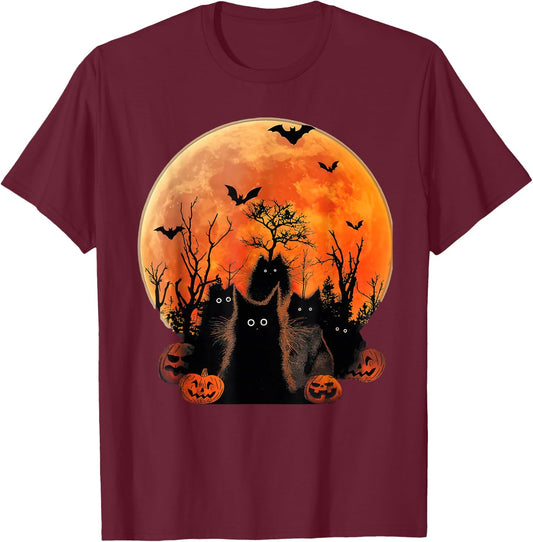 Black Cats Full Moon Funny Animal Pet Lover Halloween T-Shirt - T-Shirt | Maroon