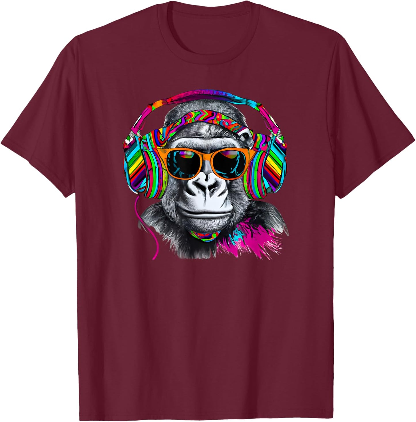 Rainbow Monkey Chimp With Sunglasses And Headphones T-Shirt - T-Shirt | Maroon