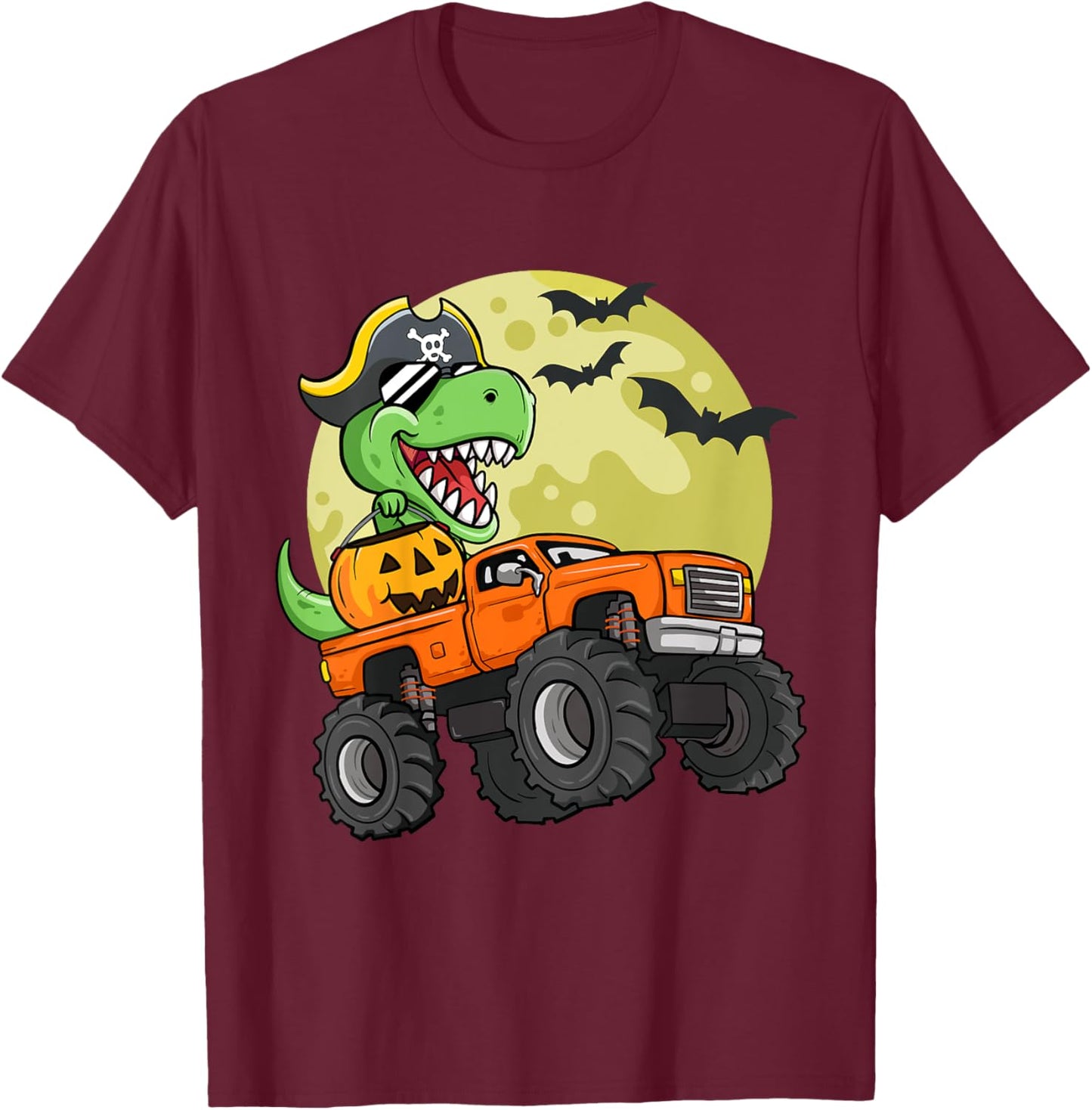 Kids Boys Halloween Monster Truck T-Rex Pirate Dinosaur Toddler T-Shirt - T-Shirt | Maroon