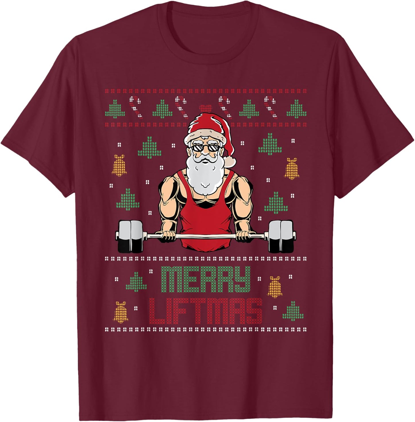 Merry Liftmas Ugly Christmas Sweater Weightlifting Gym Santa T-Shirt - T-Shirt | Maroon
