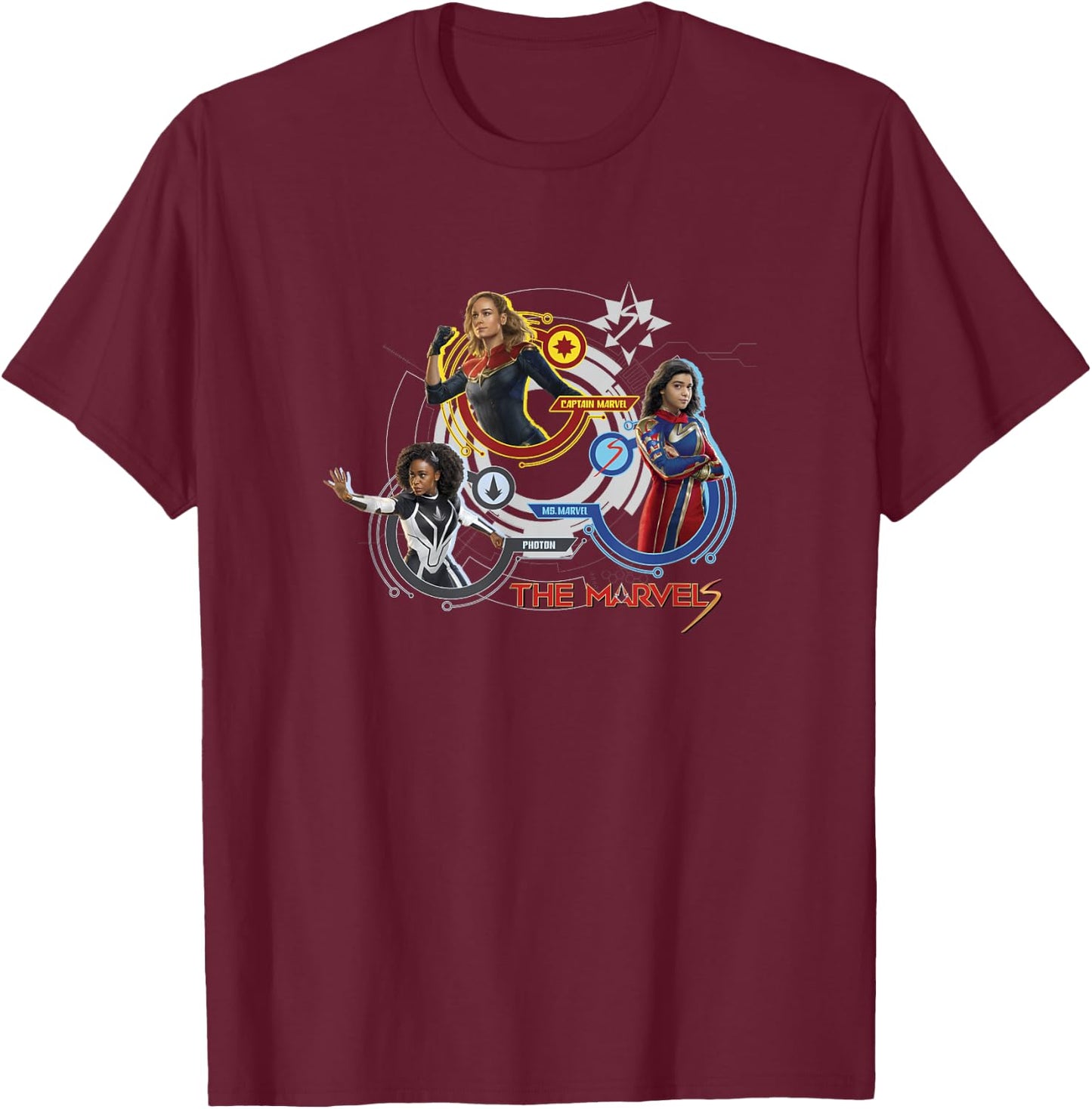 Marvel The Marvels Super Hero Tech Screen Group Badges T-Shirt - T-Shirt | Maroon