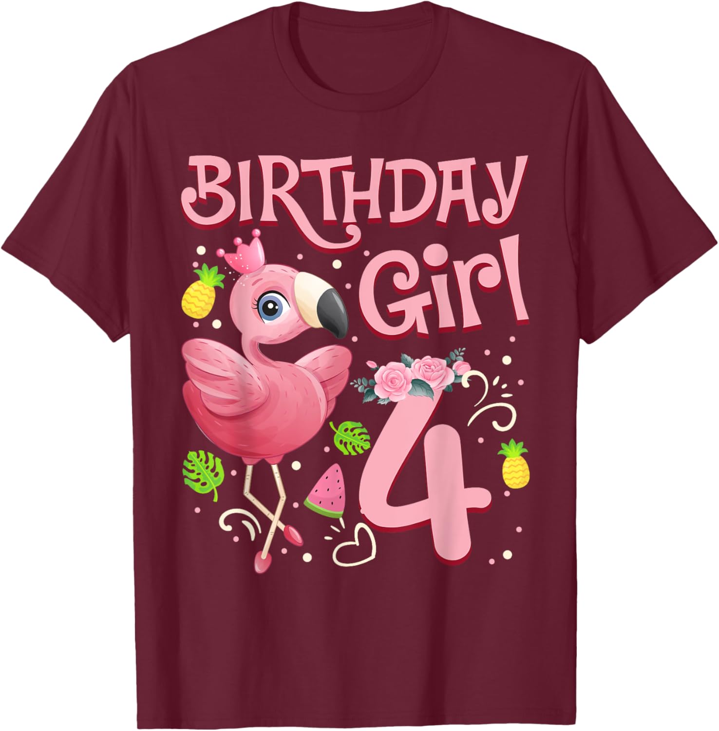 4th Birthday Girls Flamingo 4 Years Old Tropical Flamingo T-Shirt - T-Shirt | Maroon