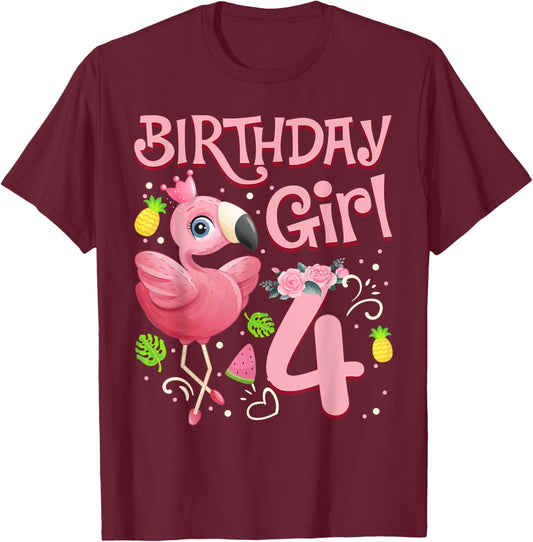 4th Birthday Girls Flamingo 4 Years Old Tropical Flamingo T-Shirt - T-Shirt | Maroon