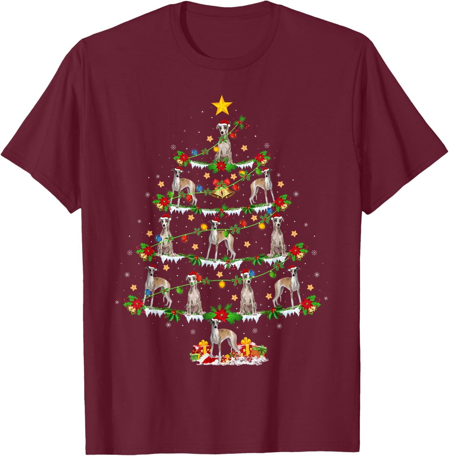Holiday Xmas Lighting Santa Whippet Dog Christmas Tree T-Shirt - T-Shirt | Maroon