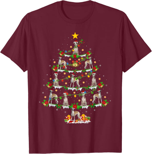 Holiday Xmas Lighting Santa Whippet Dog Christmas Tree T-Shirt - T-Shirt | Maroon
