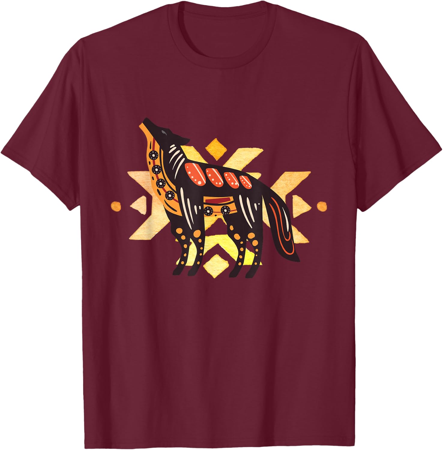 Native American Indian Coyote Wolf Tribal Style Southwest T-Shirt - T-Shirt | Maroon