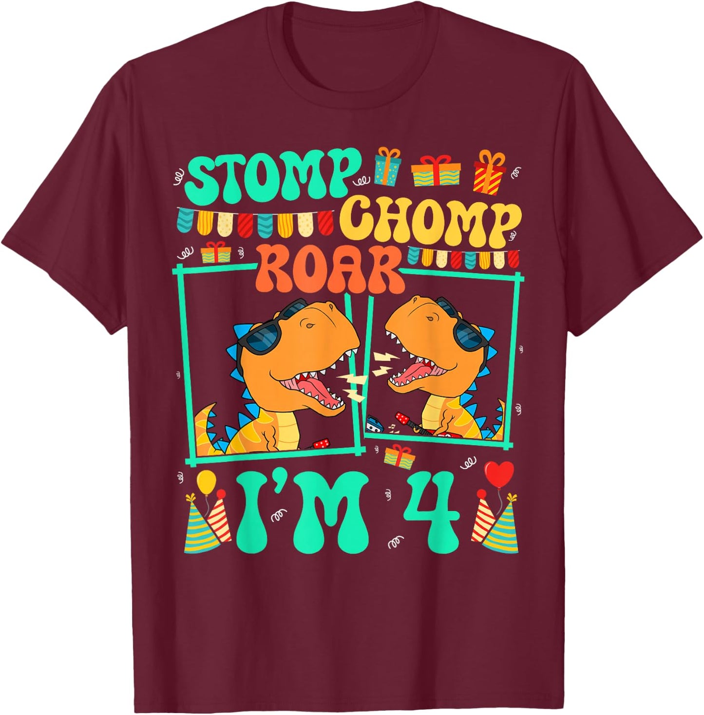 Stomp Chomp Roar I'm 4 Guitar Dinosaur Kid 4th Birthday T-Shirt - T-Shirt | Maroon