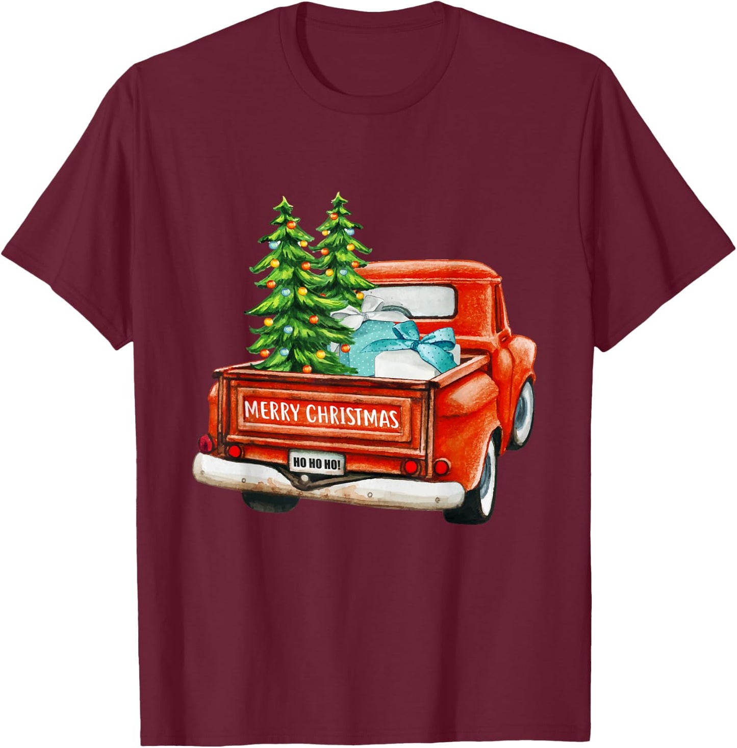 Vintage Wagon Christmas Classic Red Truck Car Xmas Trees T-Shirt - T-Shirt | Maroon