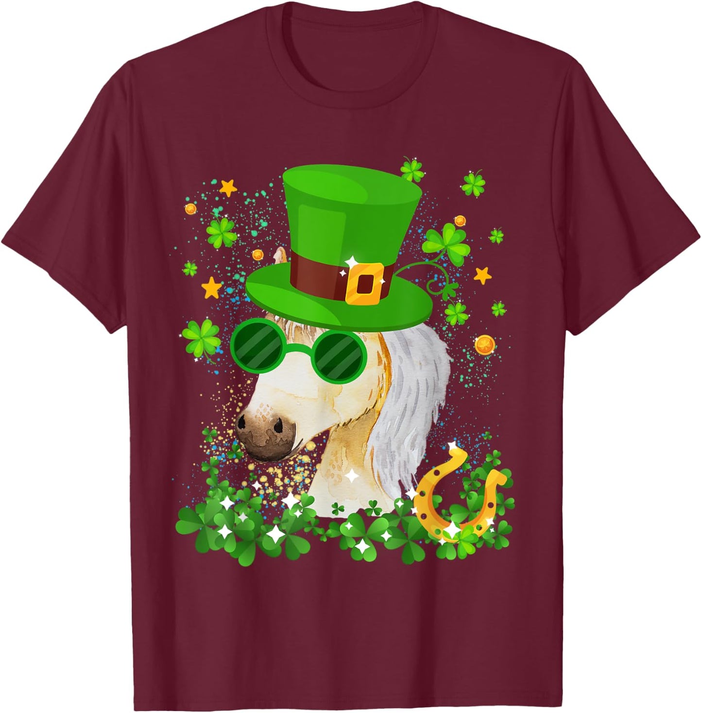 St Patricks Day Lucky Shamrock Cute Famer Horse Girls Kids T-Shirt - T-Shirt | Maroon