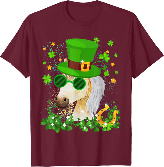 St Patricks Day Lucky Shamrock Cute Famer Horse Girls Kids T-Shirt - T-Shirt | Maroon