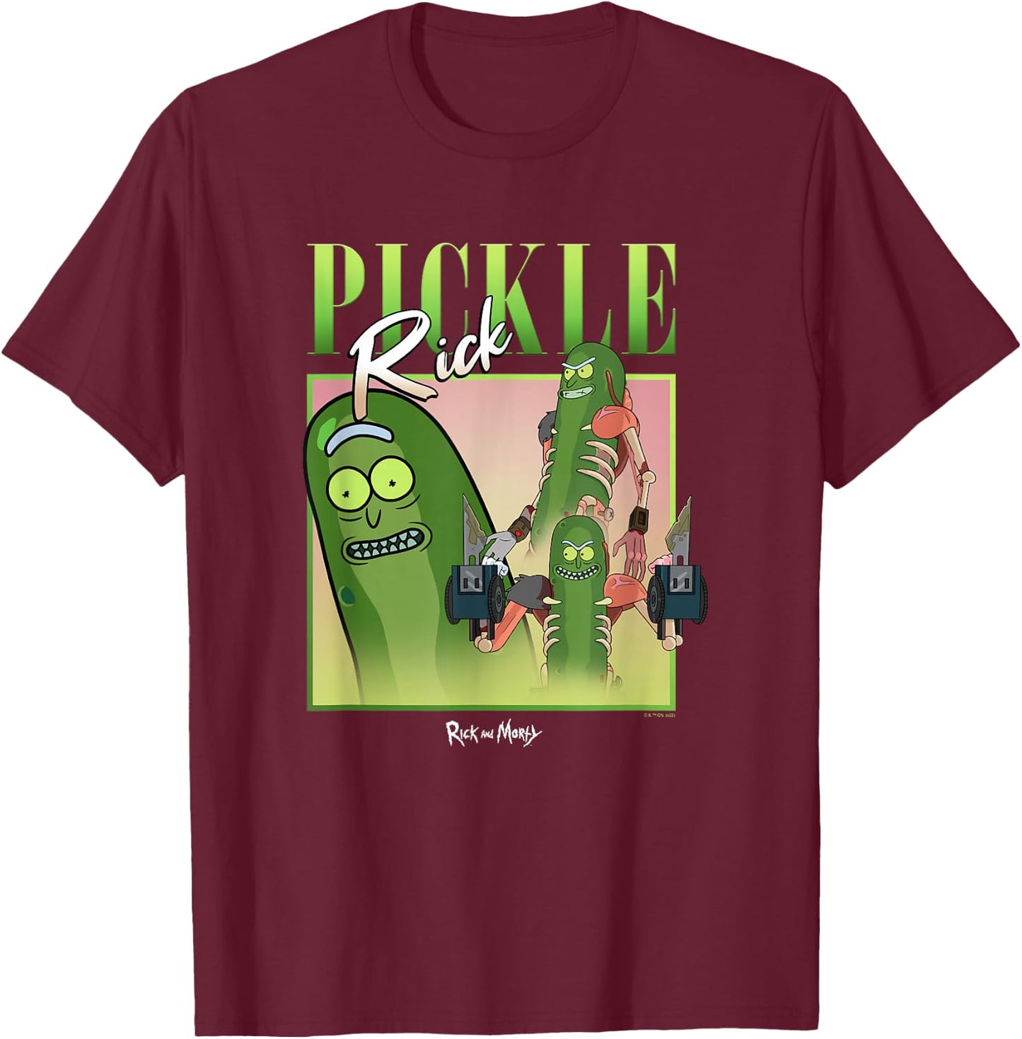 Rick & Morty Pickle Rick Multiple Poses Poster T-Shirt - T-Shirt | Maroon
