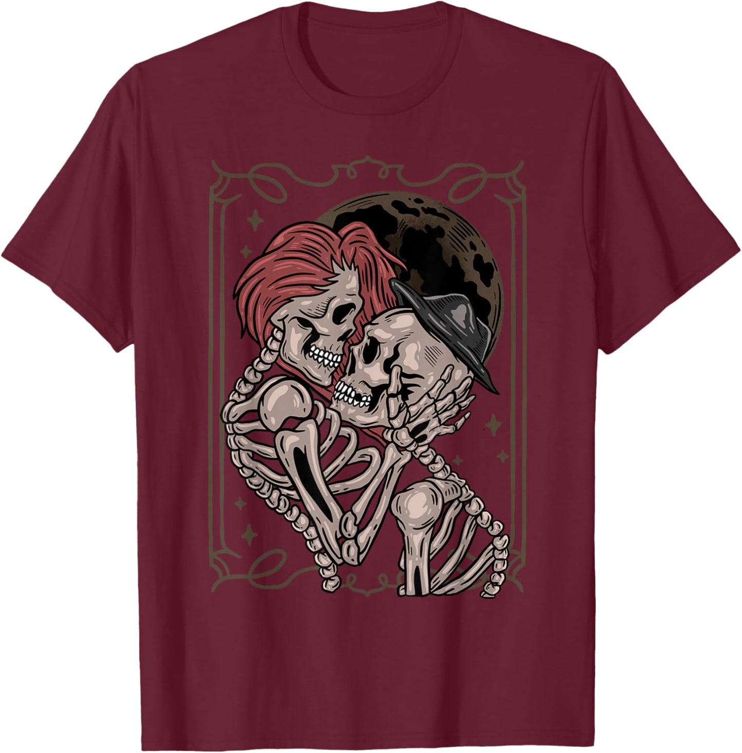 The Lovers Tarot Moon Gothic Skeleton Occult Goth T-Shirt - T-Shirt | Maroon