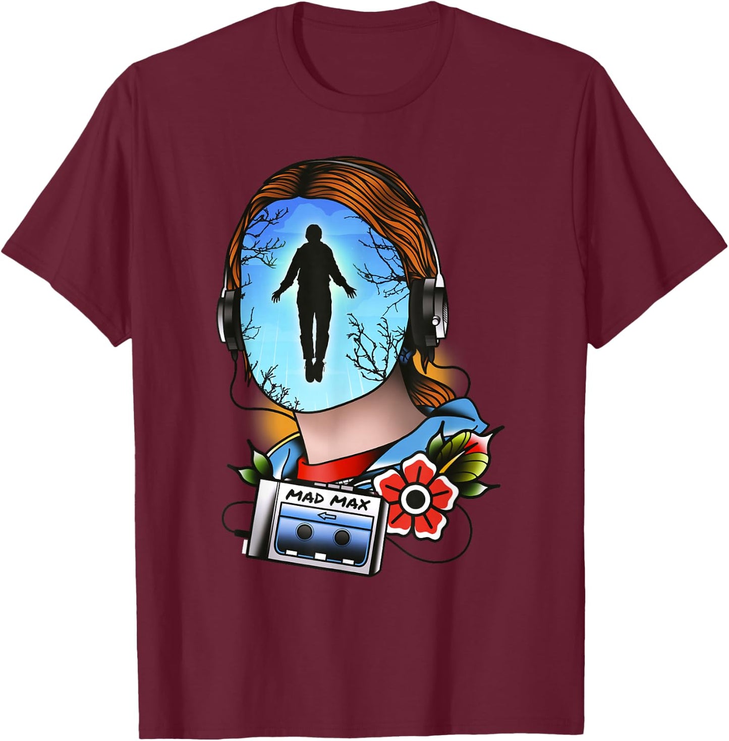 Stranger Things Mad Max Tattoo Style Big Face Epic Scene T-Shirt - T-Shirt | Maroon