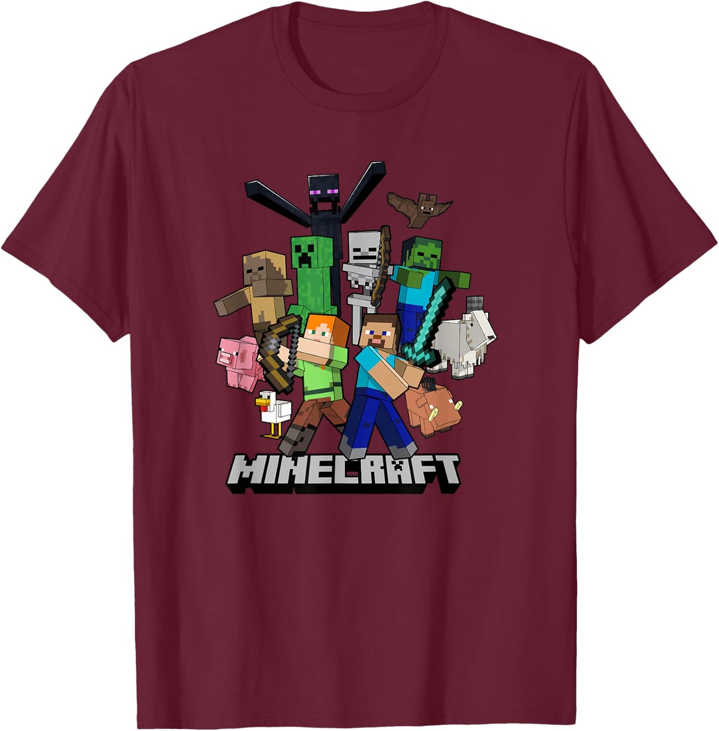 Minecraft Heroes & Enemies Group Shot T-Shirt - T-Shirt | Maroon