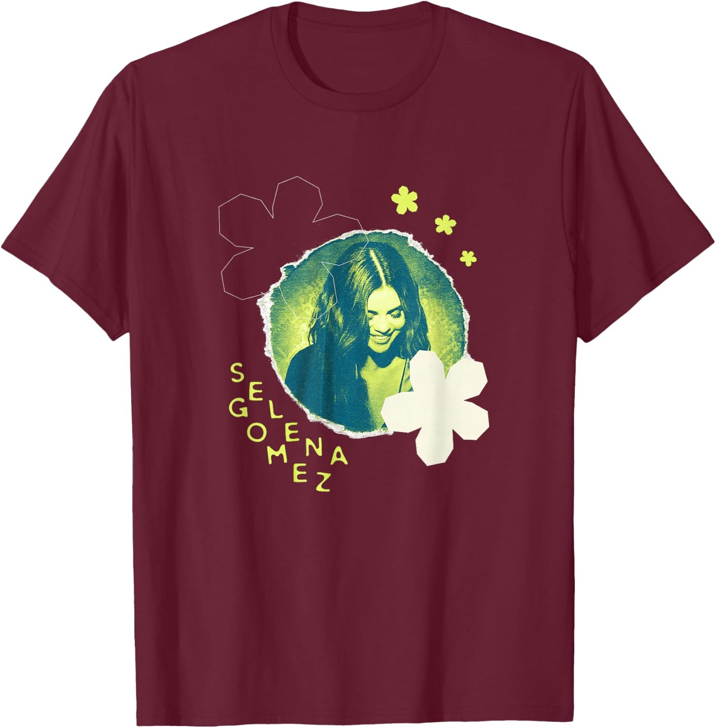 Official Selena Gomez Green Flower Photo T-Shirt - T-Shirt | Maroon