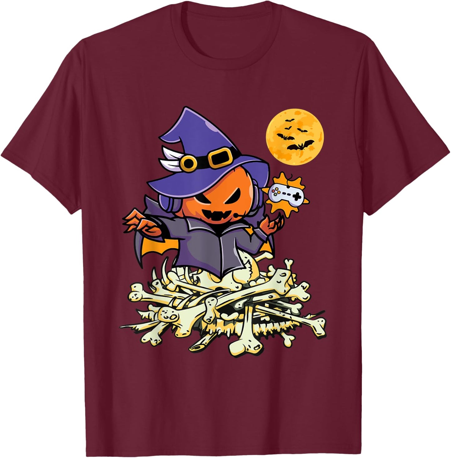 Halloween Pumpkin Gamer Ghost Wizard Boys Kids Teens Gaming T-Shirt - T-Shirt | Maroon