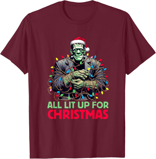"All Lit Up for Christmas" - Frankenstein's Monster Holiday T-Shirt - T-Shirt | Maroon