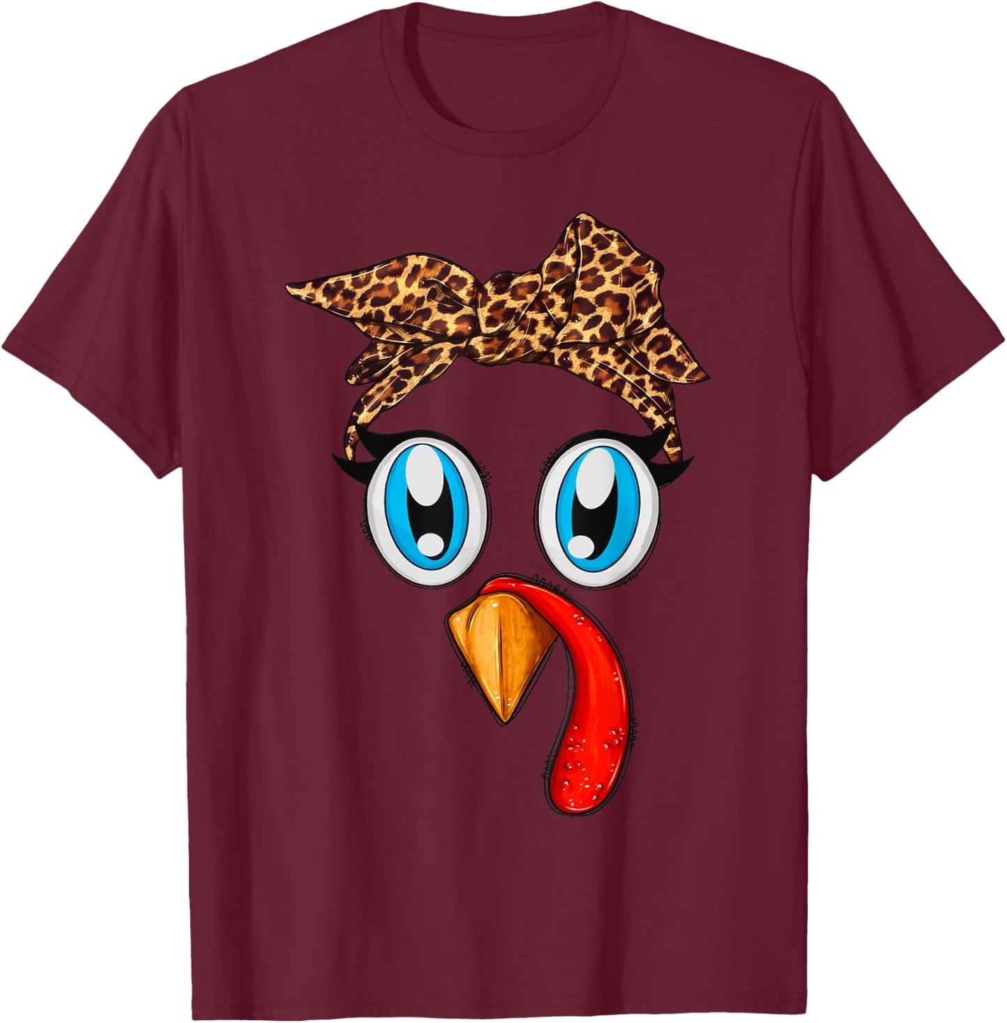 Cute Turkey Face Bandana Leopard Thanksgiving Women Girls T-Shirt - T-Shirt | Maroon