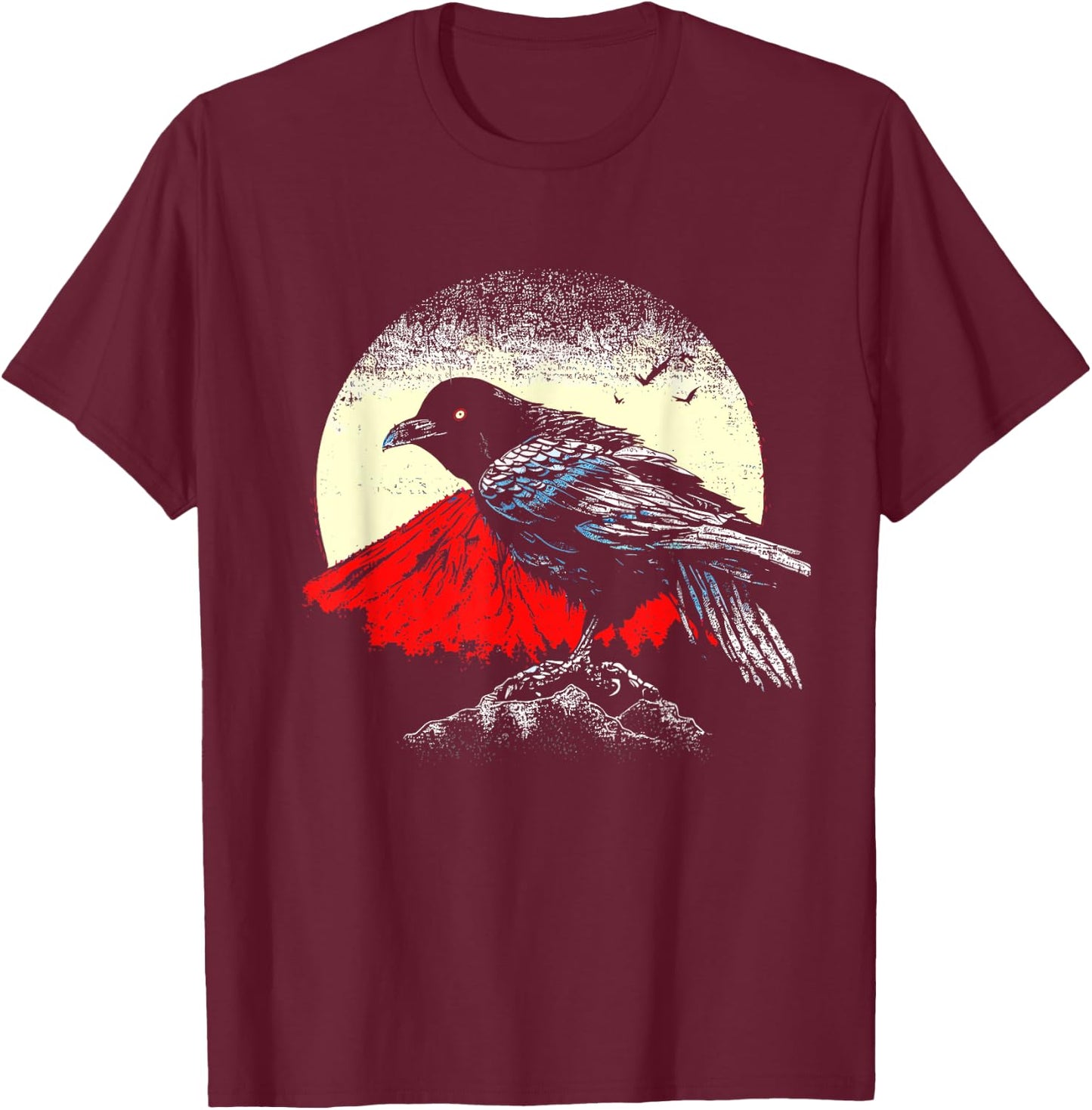 Japanese Art Black Crow Raven Red Moon - Retro Bird T-Shirt - T-Shirt | Maroon