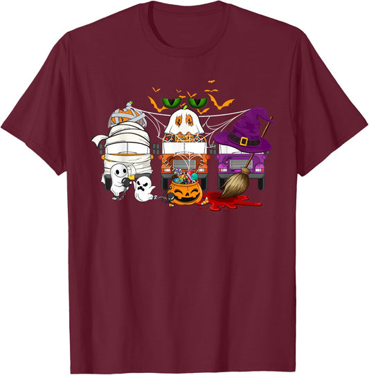 School Bus Halloween Costume Bus Driver Mummy Ghost Witch T-Shirt - T-Shirt | Maroon