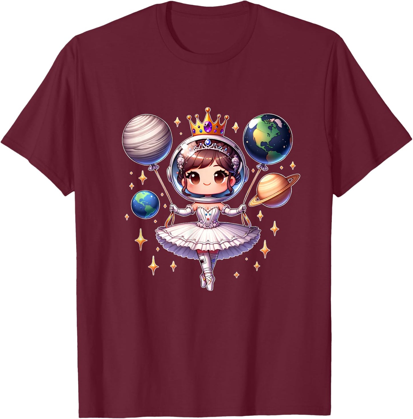 Cute Ballerina Girl Space Astronaut Funny Space Ballons T-Shirt - T-Shirt | Maroon