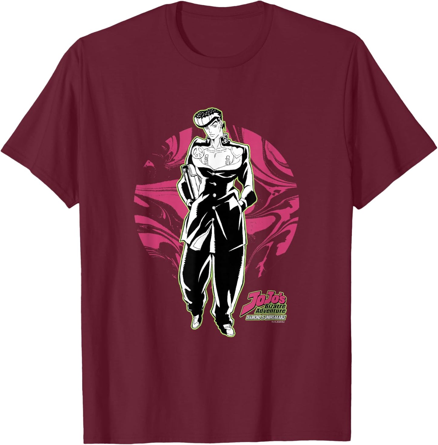 JoJo Part 4 Diamond is Unbreakable Josuke with Circle & Logo T-Shirt - T-Shirt | Maroon