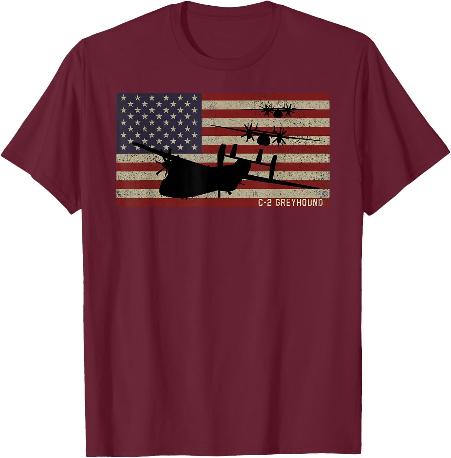 C-2 Greyhound Cargo Plane Vintage American Flag T-Shirt - T-Shirt | Maroon