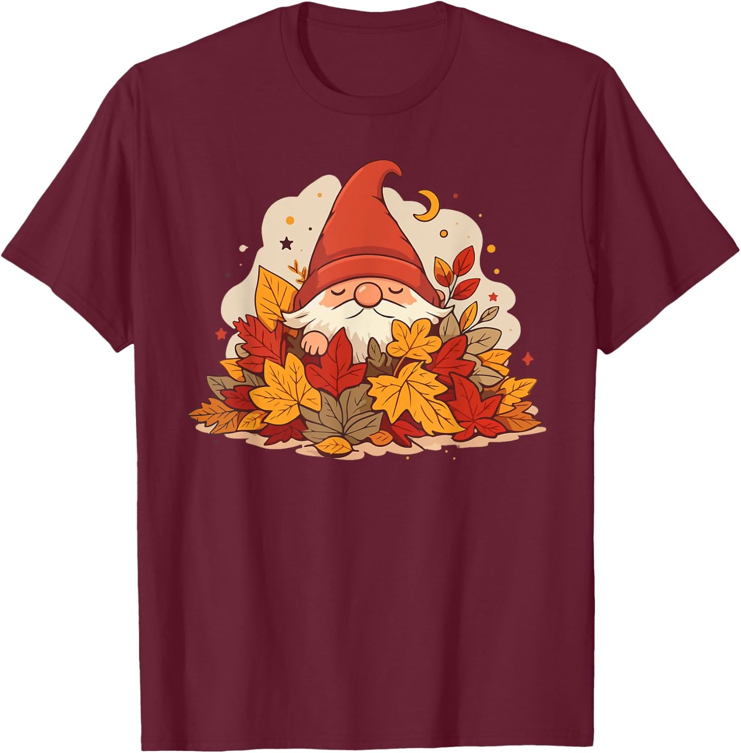 Fall Gnome in pile of leaves T-Shirt - T-Shirt | Maroon