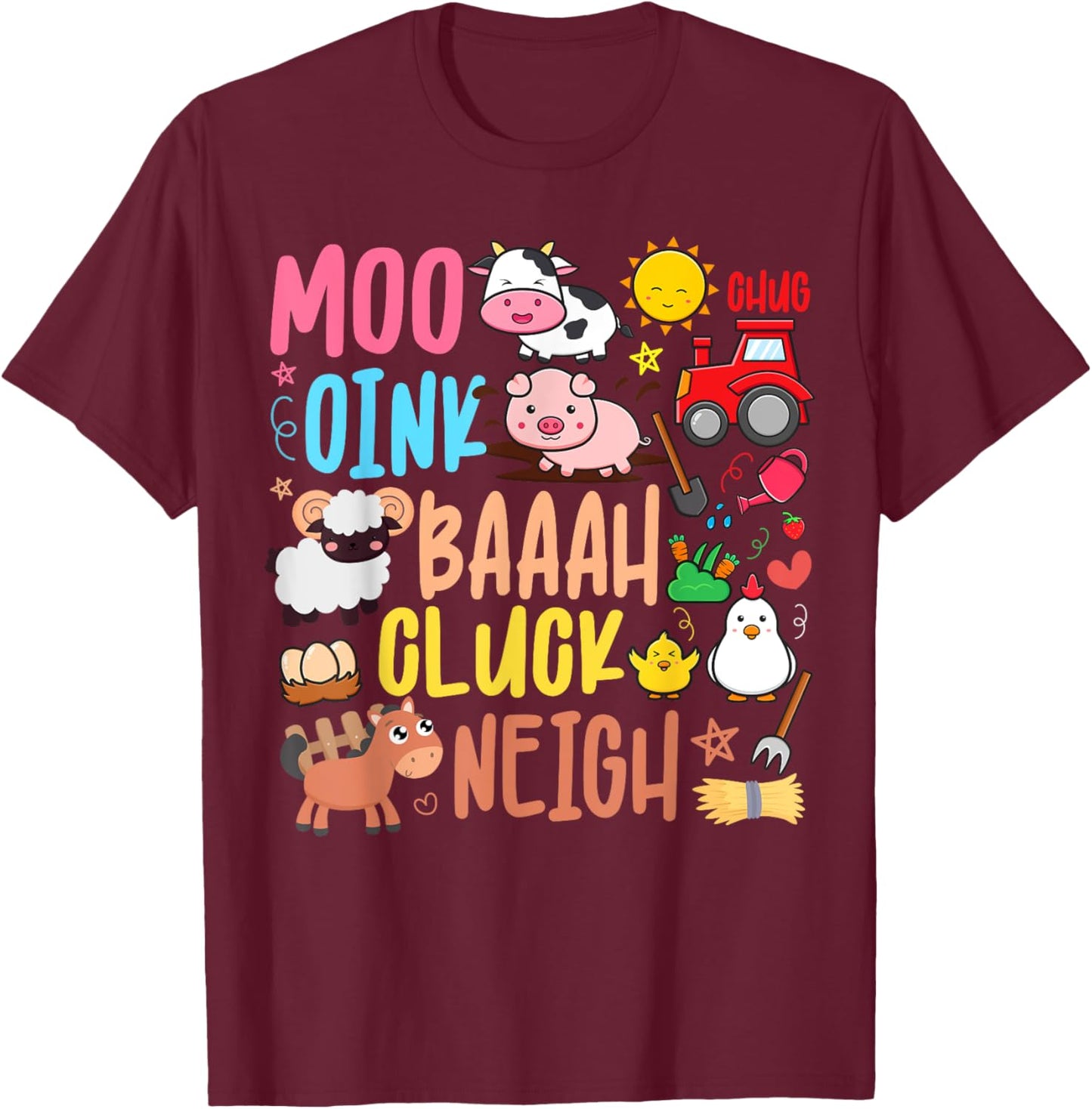 Farm Animals Sounds Oink Baa Neigh Cluck Moo Toddler Farmer T-Shirt - T-Shirt | Maroon
