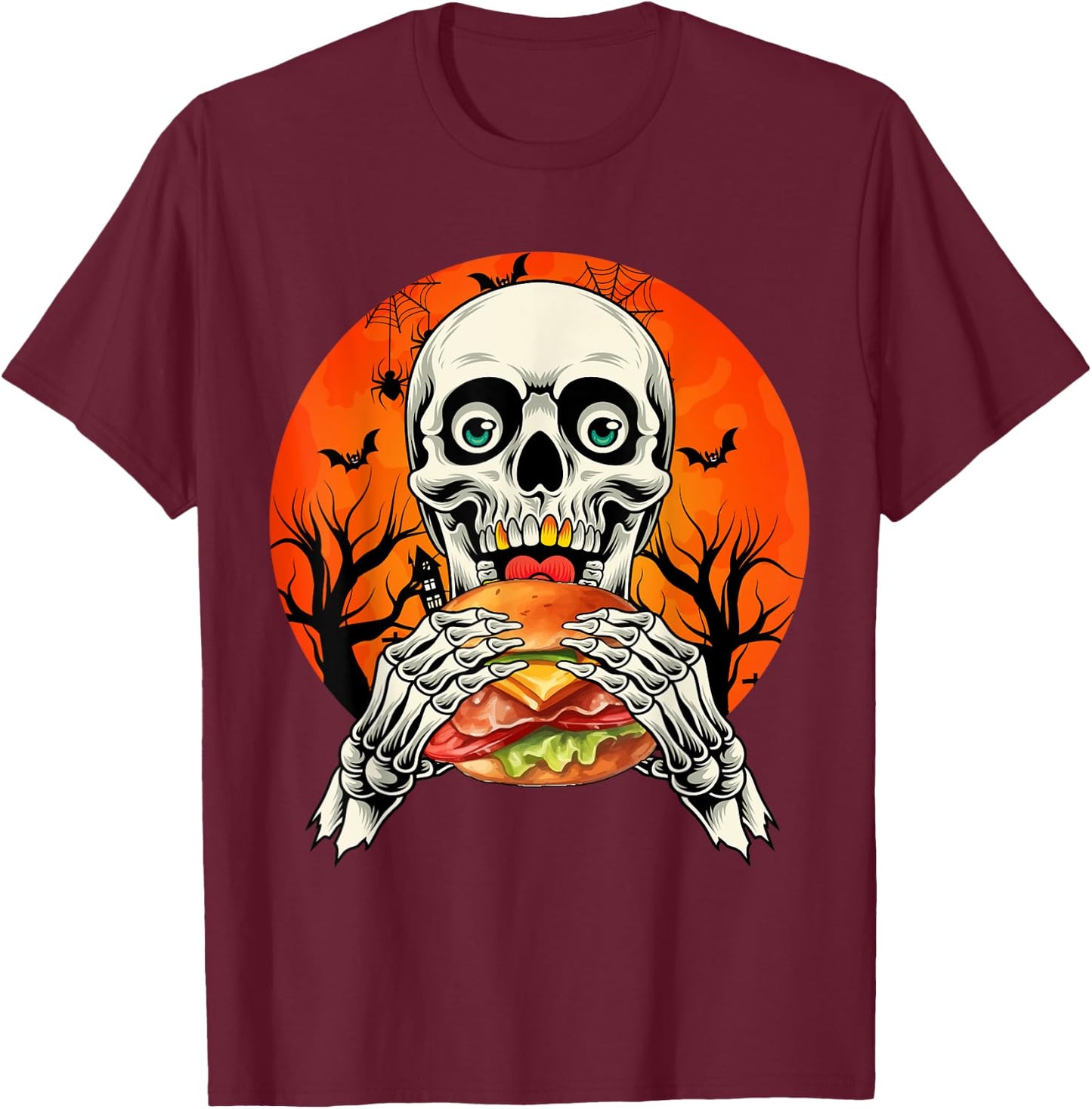 Horror Skeleton Eating Hamburger Halloween Costume Foodies T-Shirt - T-Shirt | Maroon