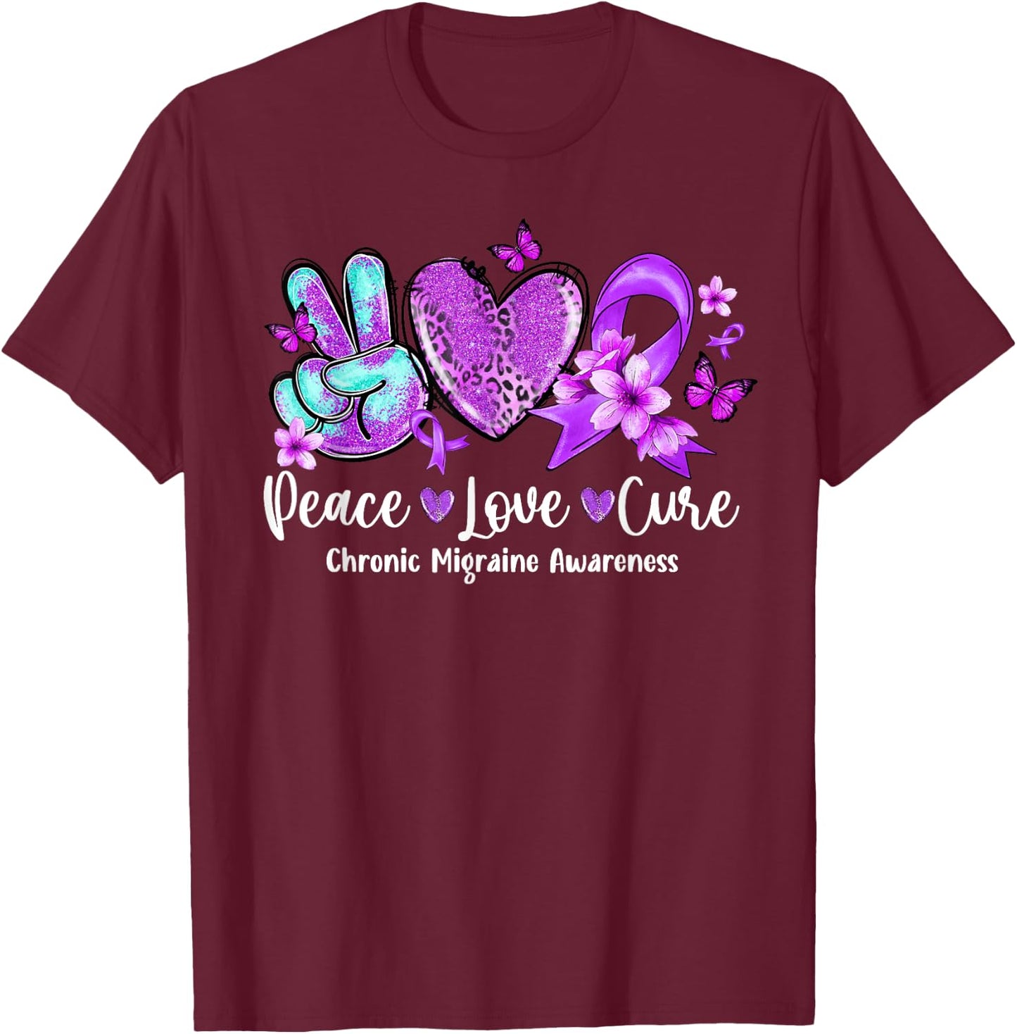 Peace Love Cure Purple Ribbon Chronic Migraine Awareness T-Shirt - T-Shirt | Maroon