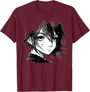 Anime Girl Anime Eyes Ink Art Sketch Drawing for Girls Teens T-Shirt - T-Shirt | Maroon
