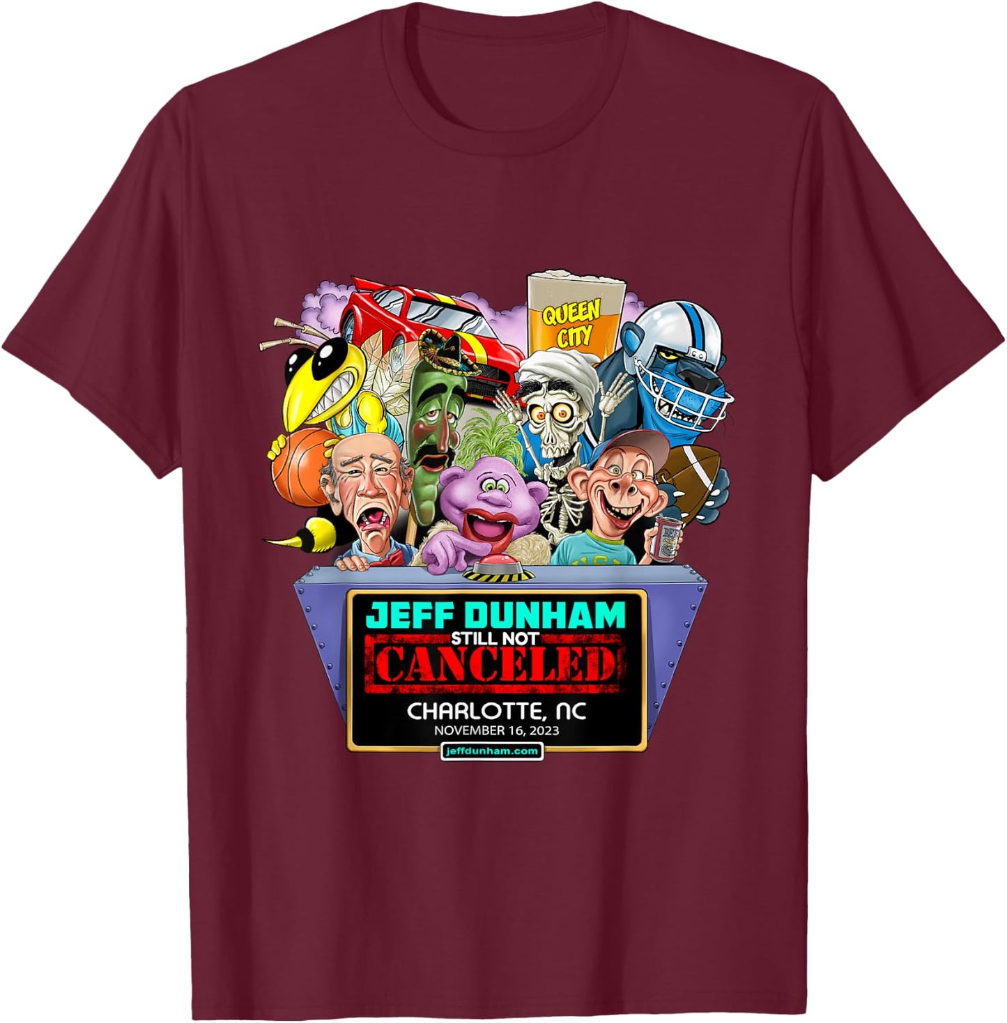 Jeff Dunham Charlotte, NC (2023) T-Shirt - T-Shirt | Maroon