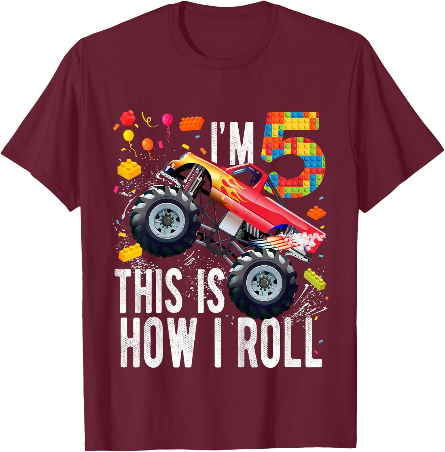 Kids 5 Year Old Building Blocks Monster Truck 5th Birthday Boy T-Shirt - T-Shirt | Maroon