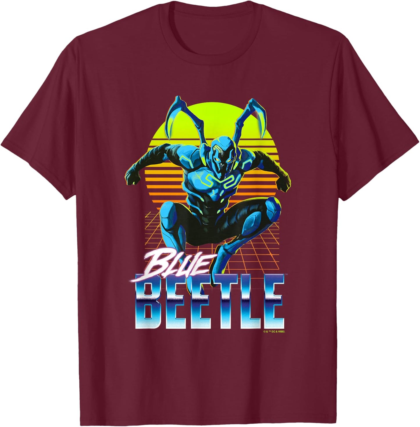 Blue Beetle Jumping Into Action Neon Gridline Background T-Shirt - T-Shirt | Maroon