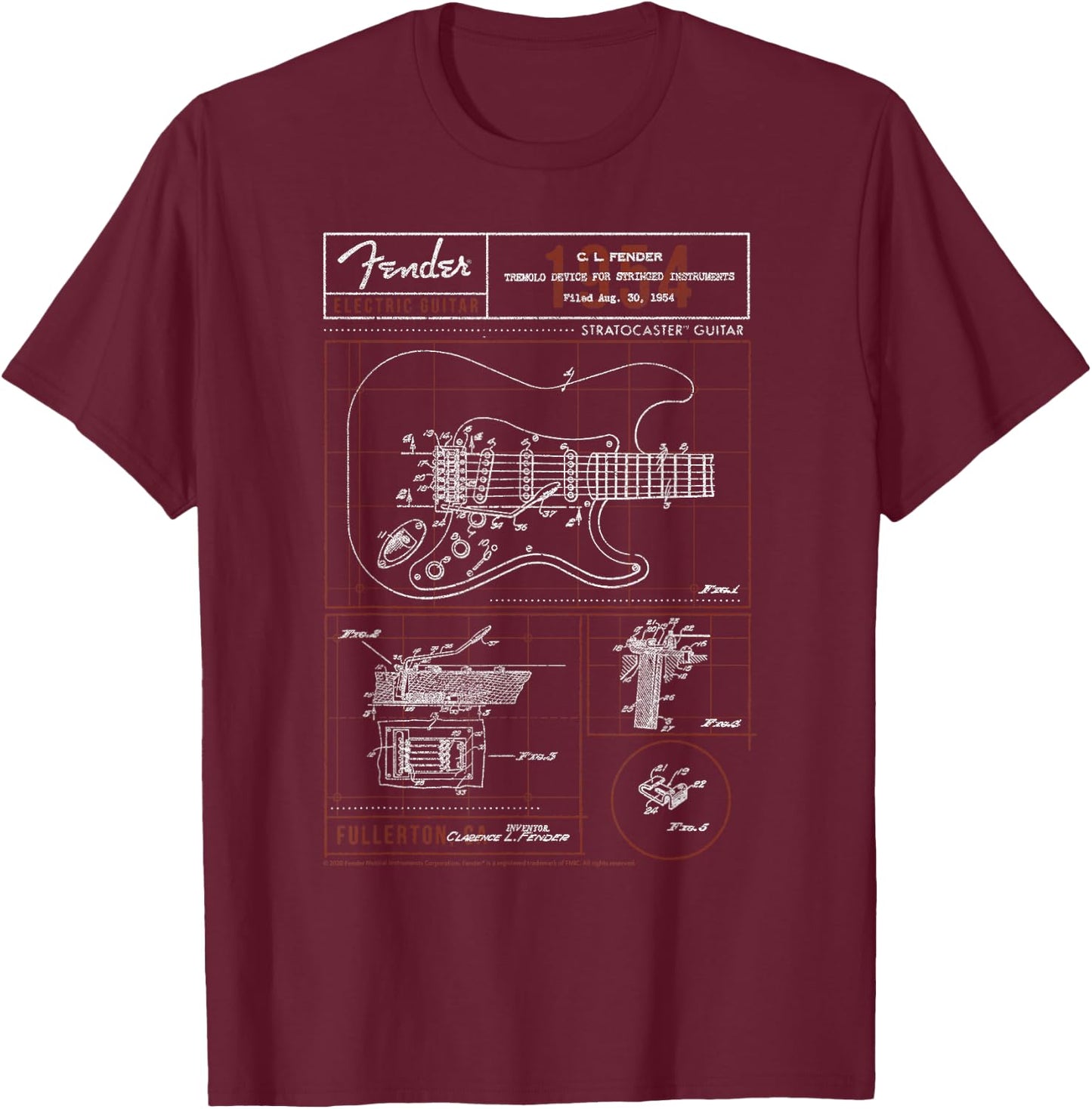 Fender Stratocaster Diagram Boxes Guitar T-Shirt - T-Shirt | Maroon