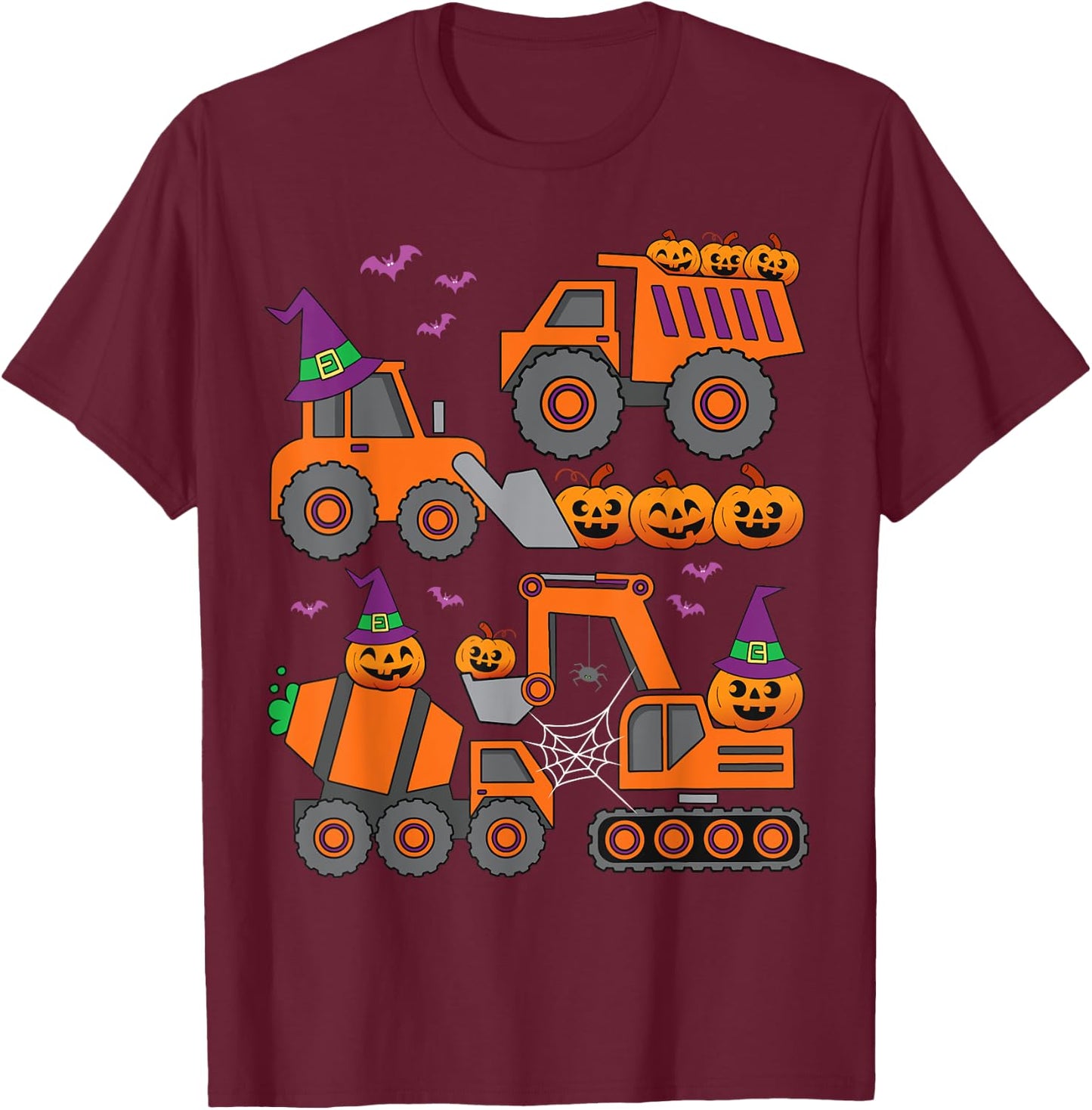 Pumpkin Halloween Construction Vehicle Excavator Truck Kids T-Shirt - T-Shirt | Maroon