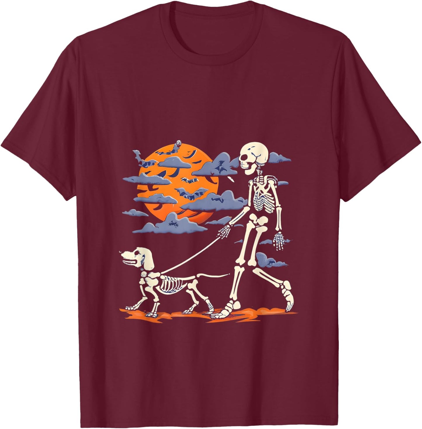Skeleton man Skeleton Dog Walking Halloween Costume moon T-Shirt - T-Shirt | Maroon