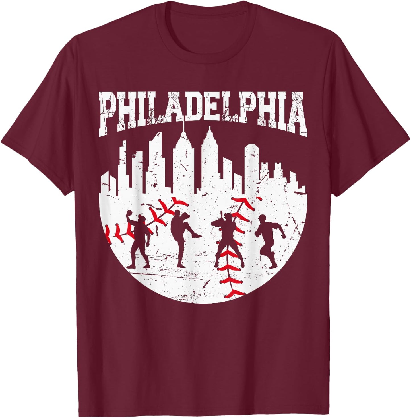 Vintage Philadelphia Skyline Philly Cityscape Baseball Fans T-Shirt - T-Shirt | Maroon
