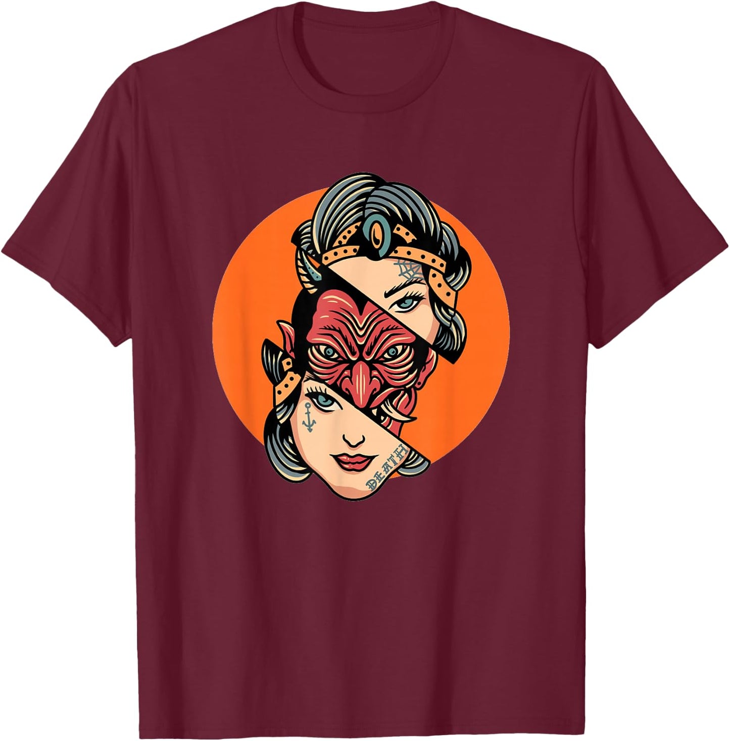 The Devil Inside Cool Tattoo Design Graphic T-Shirt - T-Shirt | Maroon