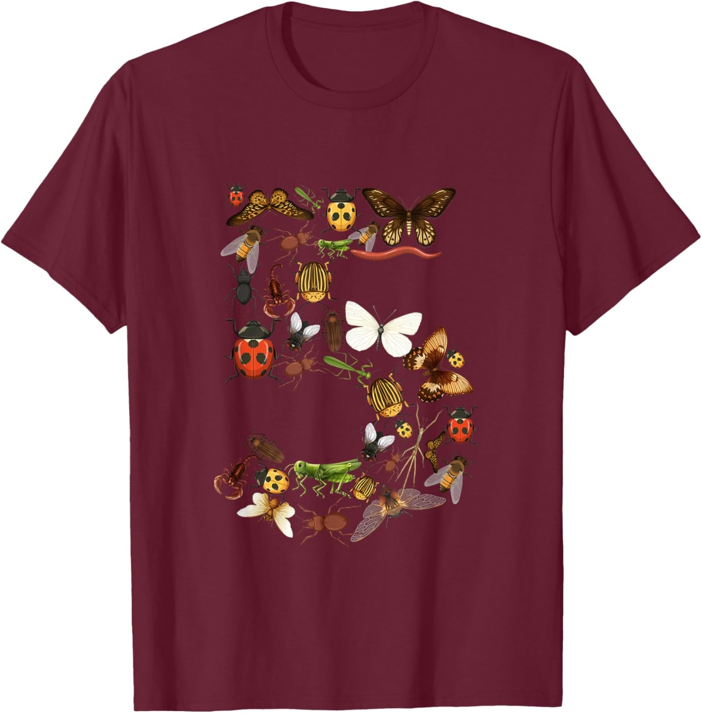 Kids 5th Birthday Bugs Insects Beetles Boys Girls 5 Year Old T-Shirt - T-Shirt | Maroon