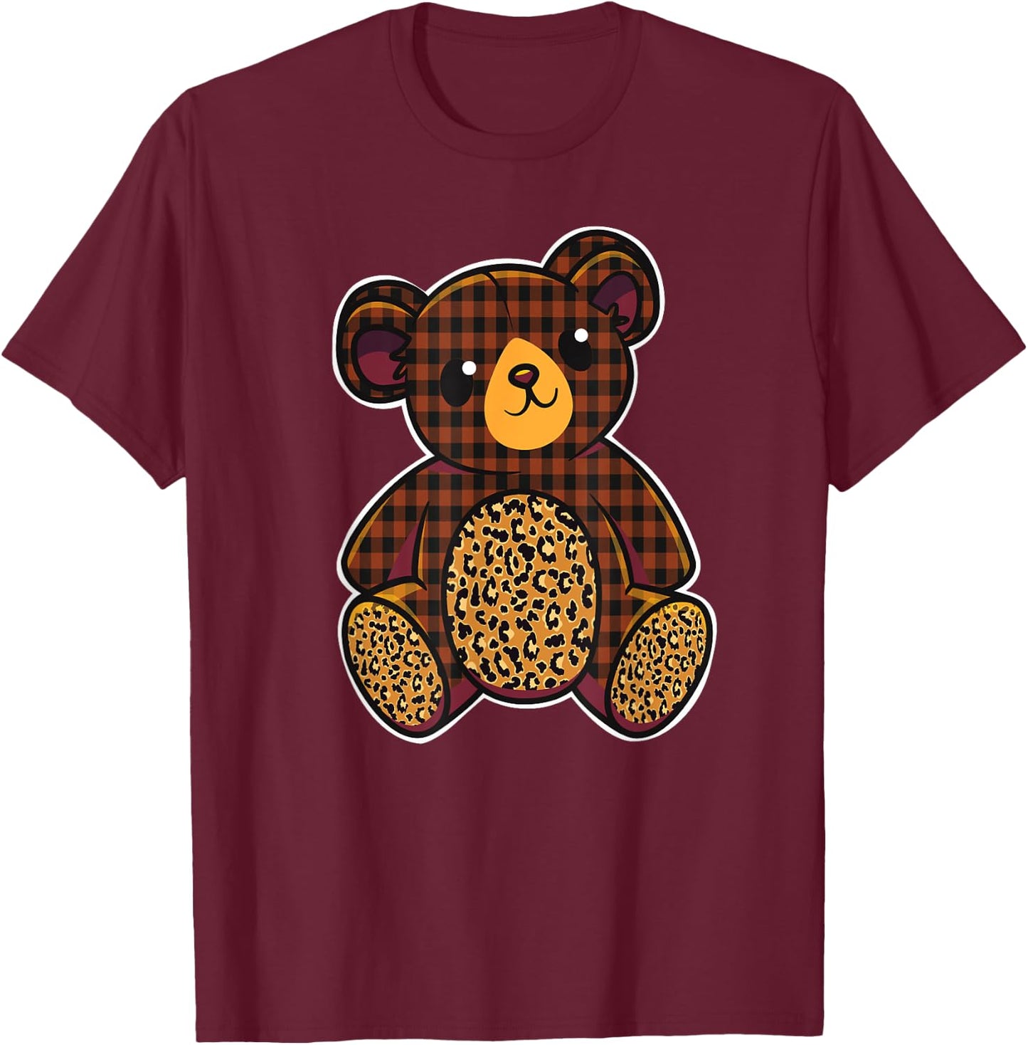 Cute Checkered Brown Teddy Bear T-Shirt - T-Shirt | Maroon