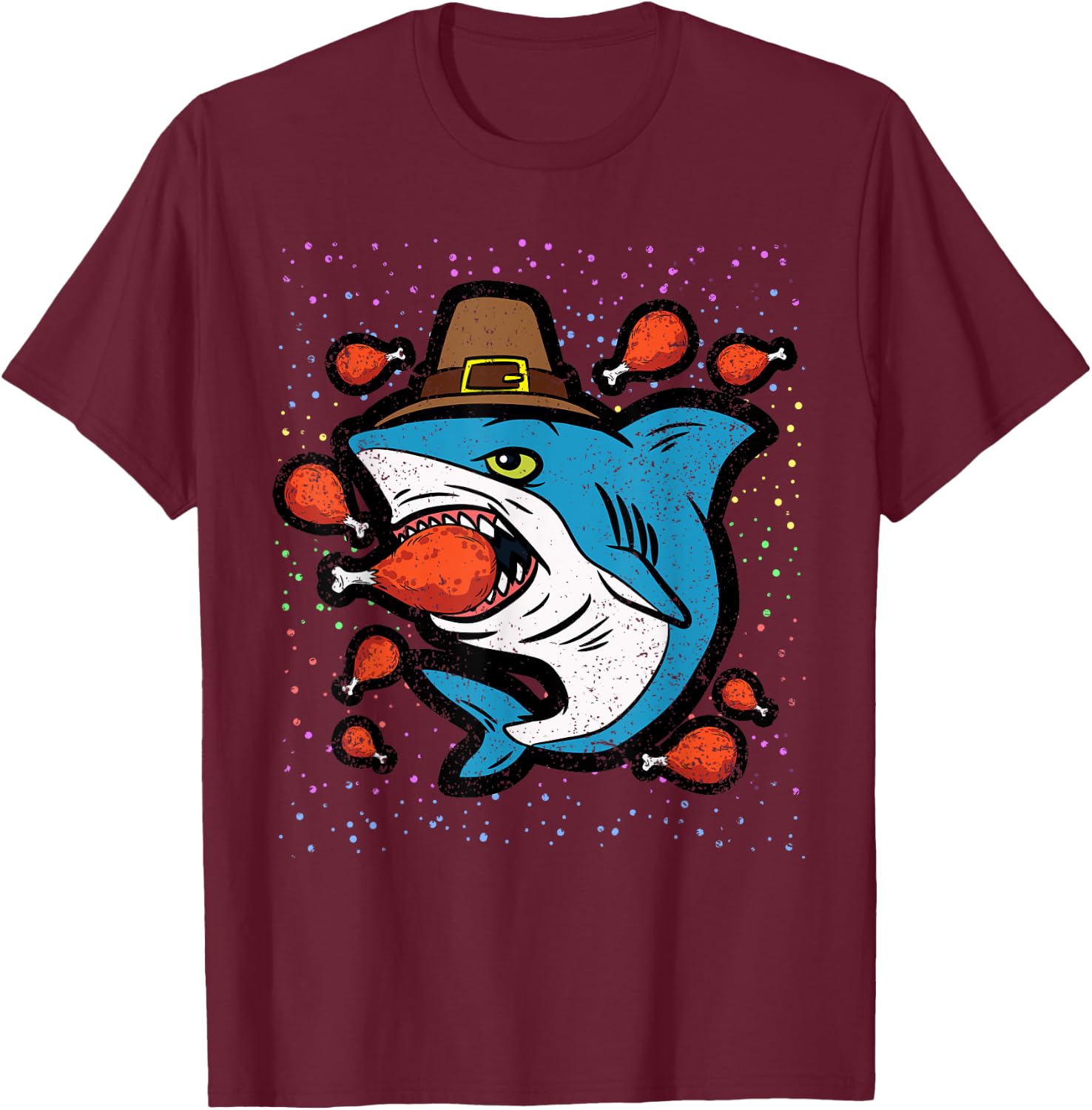 Shark Eating Turkey Leg Thanksgiving Day Funny Fall Autumn T-Shirt - T-Shirt | Maroon